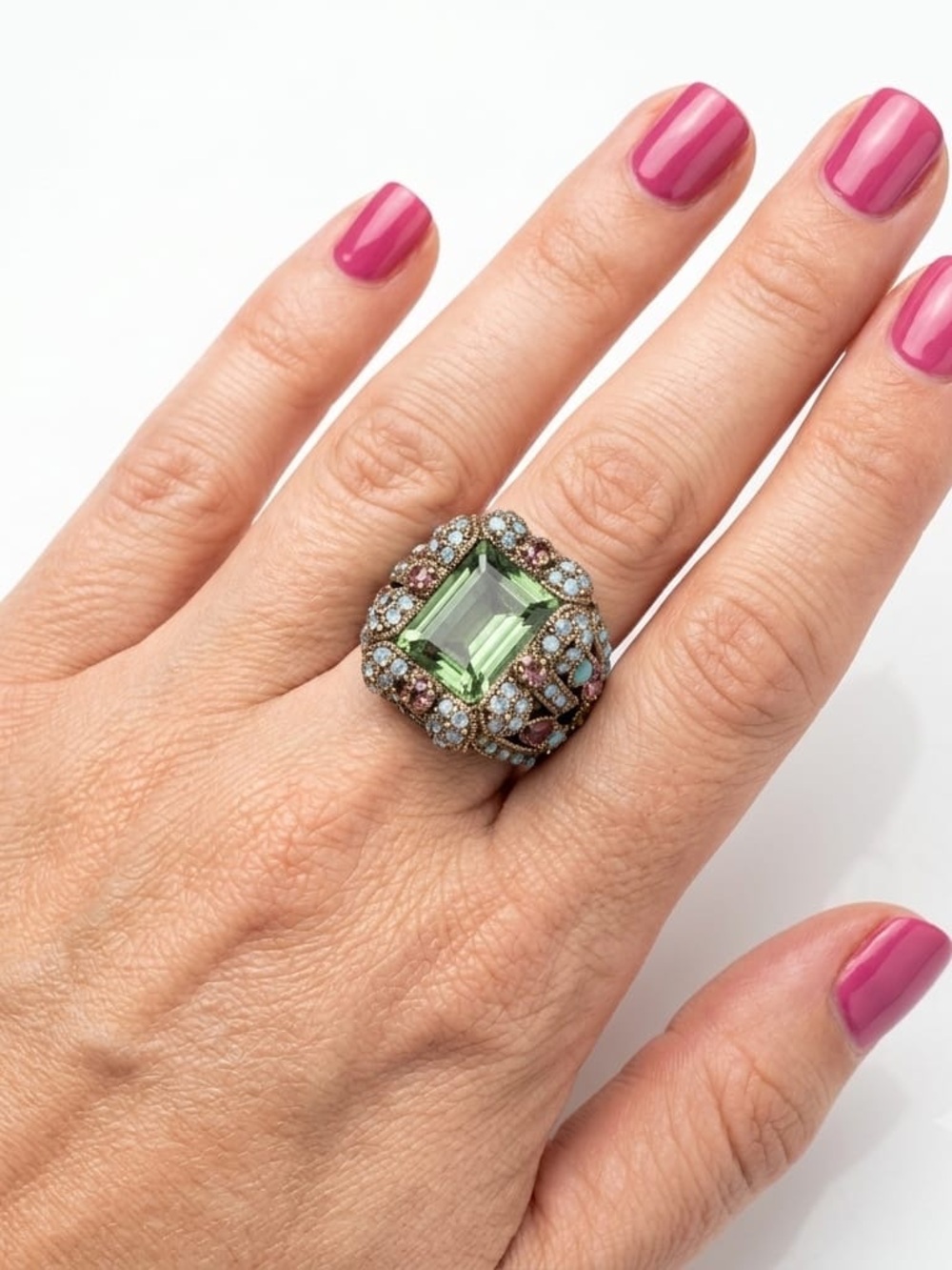 Heidi Daus Green Emerald-Cut Cocktail Ring with Pastel Accents